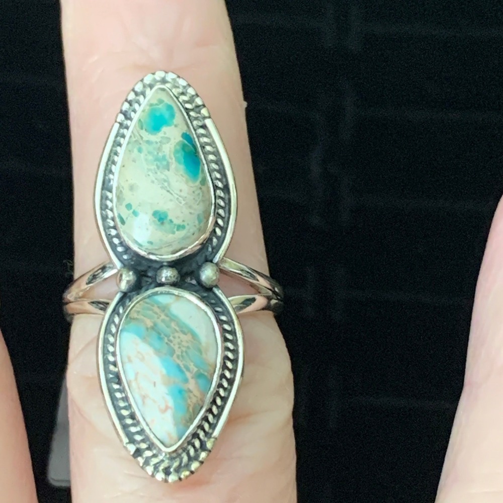 925 Sterling Silver Sea Sediment Jasper Teardrop 2 Stone Ring 6.5 Southwestern